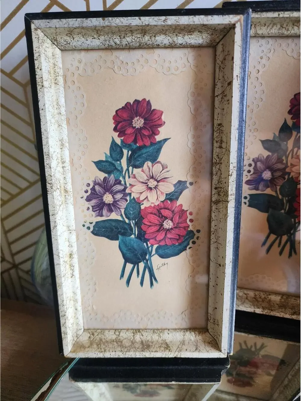 Vintage Framed Lace Matte Luthy Floral Prints 5x9 Set of 3